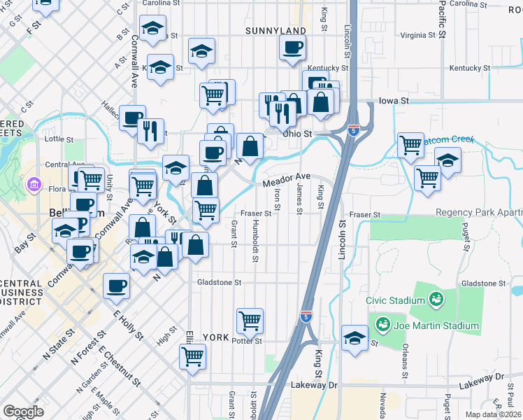 map of restaurants, bars, coffee shops, grocery stores, and more near 1628 Humboldt Street in Bellingham