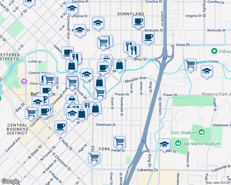 map of restaurants, bars, coffee shops, grocery stores, and more near 1626 Grant Street in Bellingham