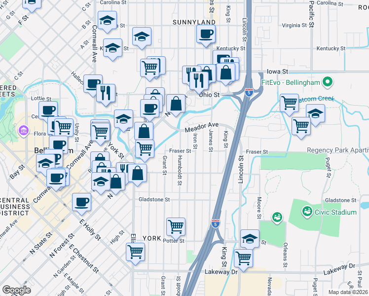map of restaurants, bars, coffee shops, grocery stores, and more near 1700 Humboldt Street in Bellingham