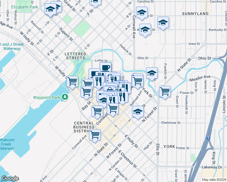 map of restaurants, bars, coffee shops, grocery stores, and more near 106 North Commercial Street in Bellingham