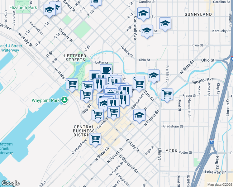 map of restaurants, bars, coffee shops, grocery stores, and more near 106 North Commercial Street in Bellingham
