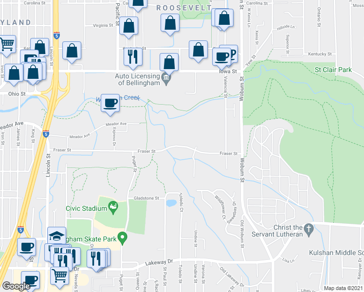 map of restaurants, bars, coffee shops, grocery stores, and more near 1980 Fraser Street in Bellingham