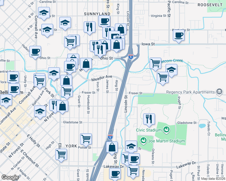 map of restaurants, bars, coffee shops, grocery stores, and more near 1628 James Street in Bellingham