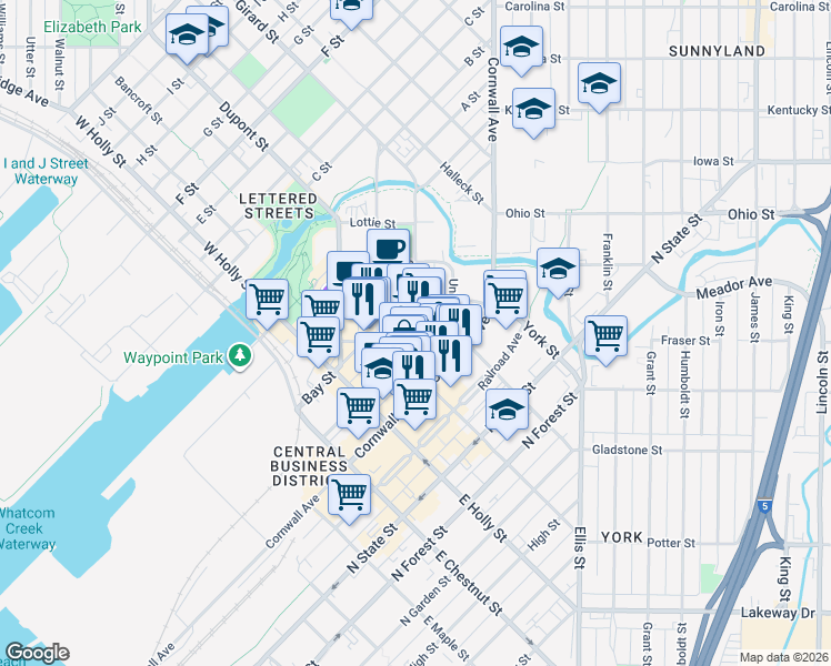 map of restaurants, bars, coffee shops, grocery stores, and more near in Bellingham