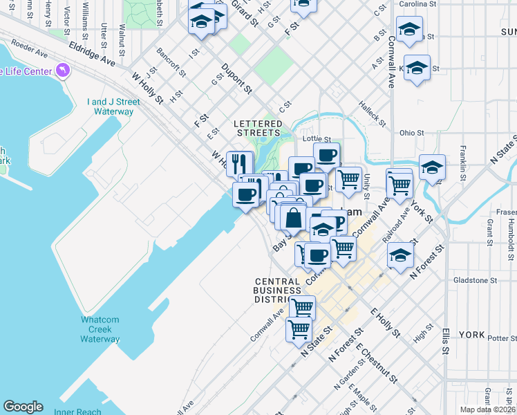 map of restaurants, bars, coffee shops, grocery stores, and more near 1211 Granary Avenue in Bellingham