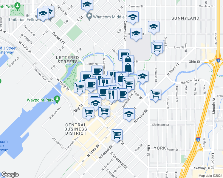 map of restaurants, bars, coffee shops, grocery stores, and more near 202 Unity Street in Bellingham