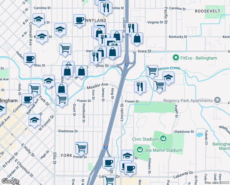 map of restaurants, bars, coffee shops, grocery stores, and more near 1738 King Street in Bellingham