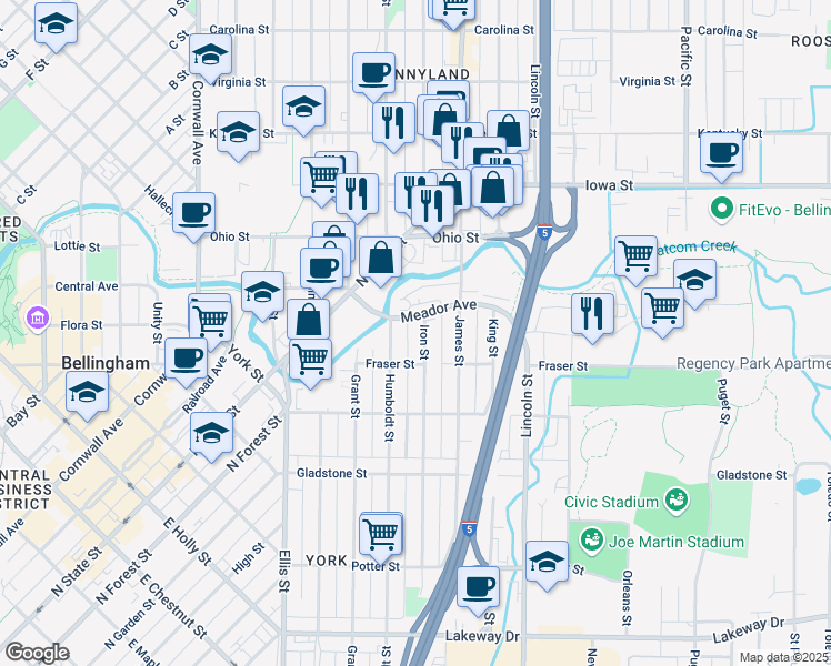 map of restaurants, bars, coffee shops, grocery stores, and more near 1725 Iron Street in Bellingham