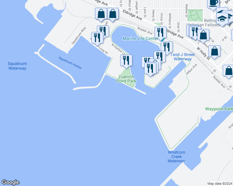 map of restaurants, bars, coffee shops, grocery stores, and more near 2600 North Harbor Loop Drive in Bellingham