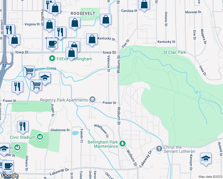 map of restaurants, bars, coffee shops, grocery stores, and more near 1722 Valencia Street in Bellingham