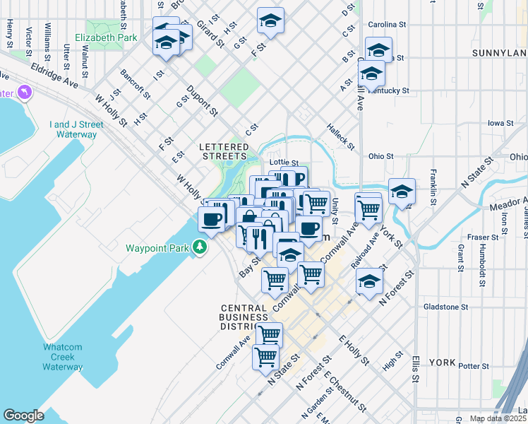 map of restaurants, bars, coffee shops, grocery stores, and more near 398 Flora Street in Bellingham