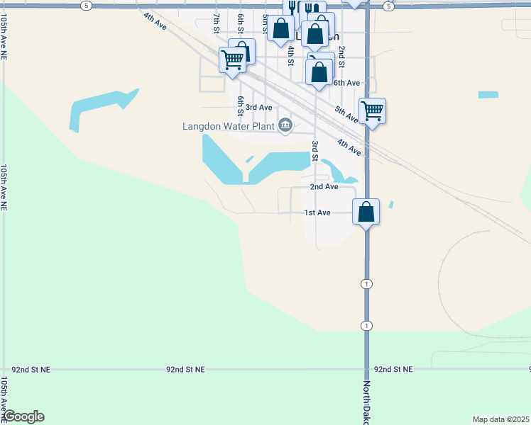 map of restaurants, bars, coffee shops, grocery stores, and more near 110 4th Street in Langdon