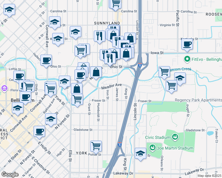map of restaurants, bars, coffee shops, grocery stores, and more near 708 Meador Avenue in Bellingham