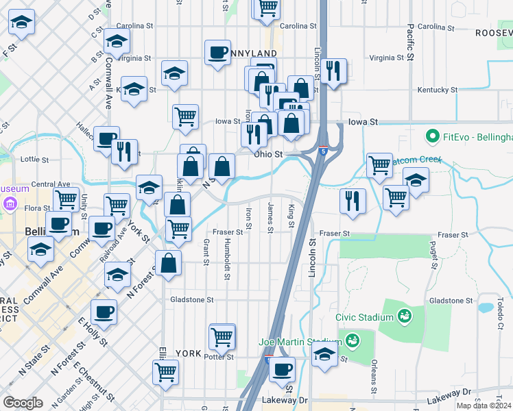 map of restaurants, bars, coffee shops, grocery stores, and more near 708 Meador Avenue in Bellingham
