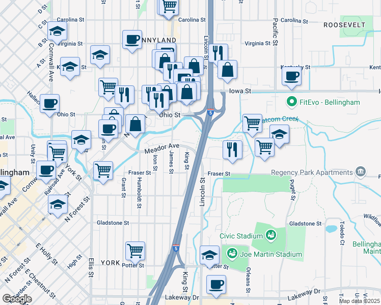 map of restaurants, bars, coffee shops, grocery stores, and more near 1738 King Street in Bellingham