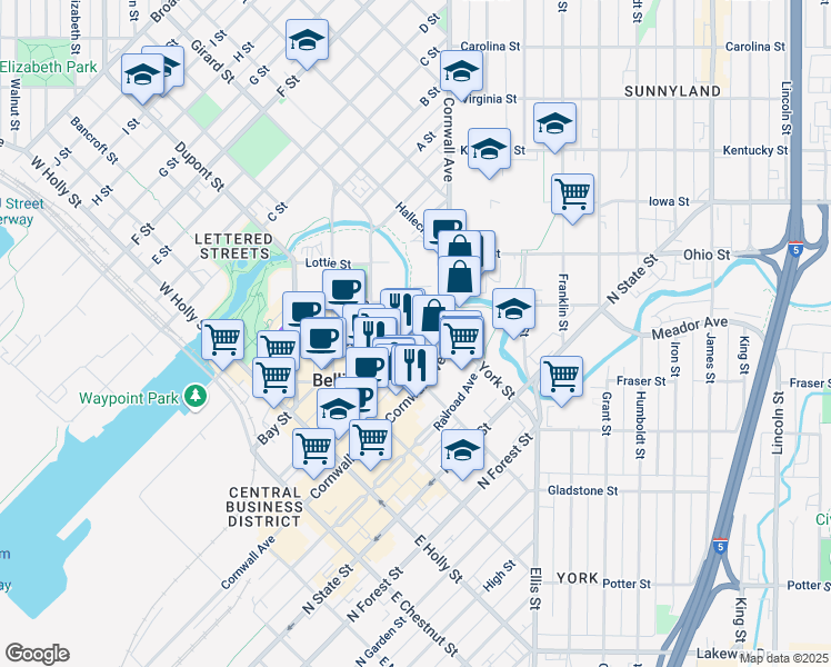 map of restaurants, bars, coffee shops, grocery stores, and more near 202 Unity Street in Bellingham