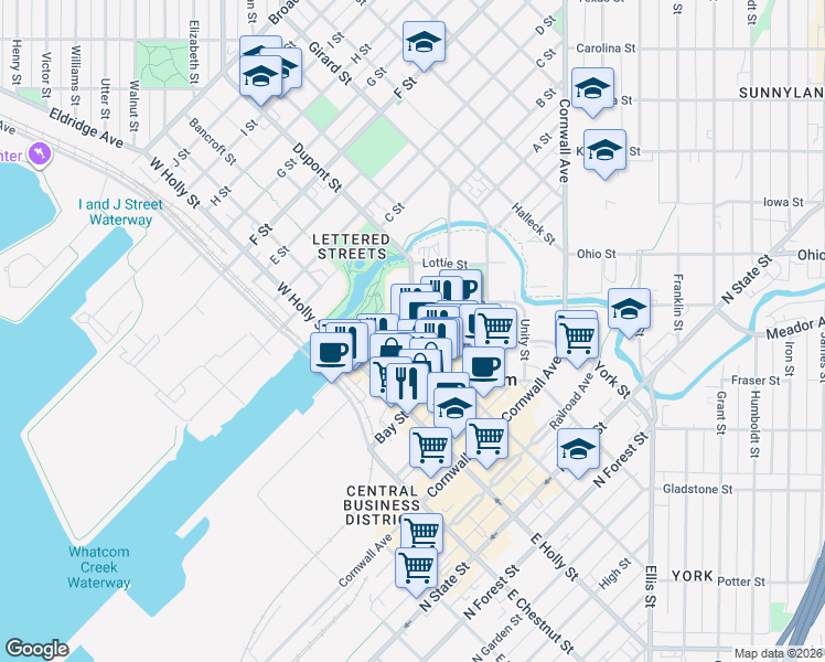 map of restaurants, bars, coffee shops, grocery stores, and more near 227 Prospect Street in Bellingham