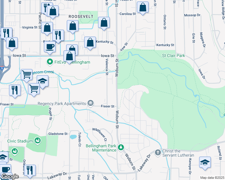 map of restaurants, bars, coffee shops, grocery stores, and more near 1722 Valencia Street in Bellingham