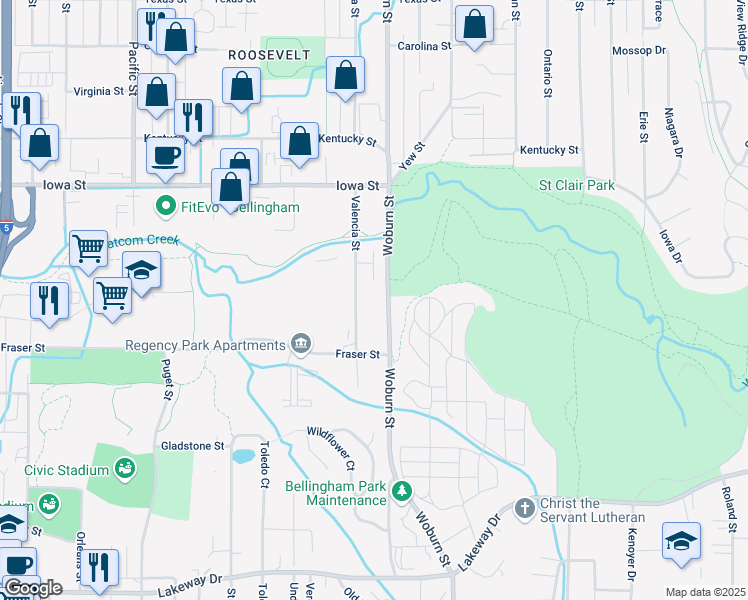 map of restaurants, bars, coffee shops, grocery stores, and more near 1725 Woburn Street in Bellingham