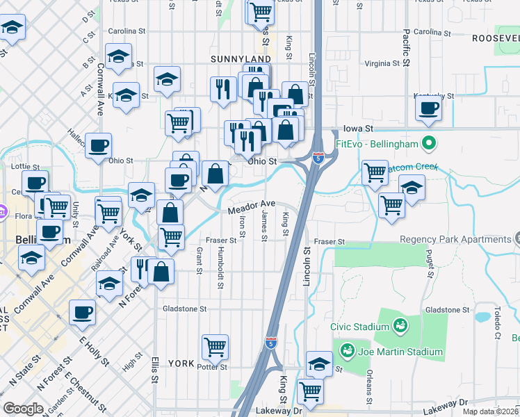 map of restaurants, bars, coffee shops, grocery stores, and more near 708 Meador Avenue in Bellingham