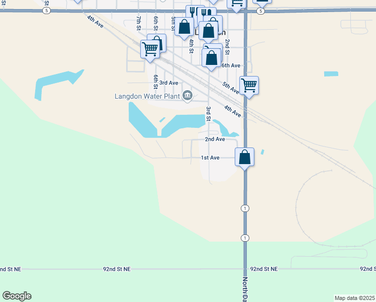 map of restaurants, bars, coffee shops, grocery stores, and more near 110 4th Street in Langdon