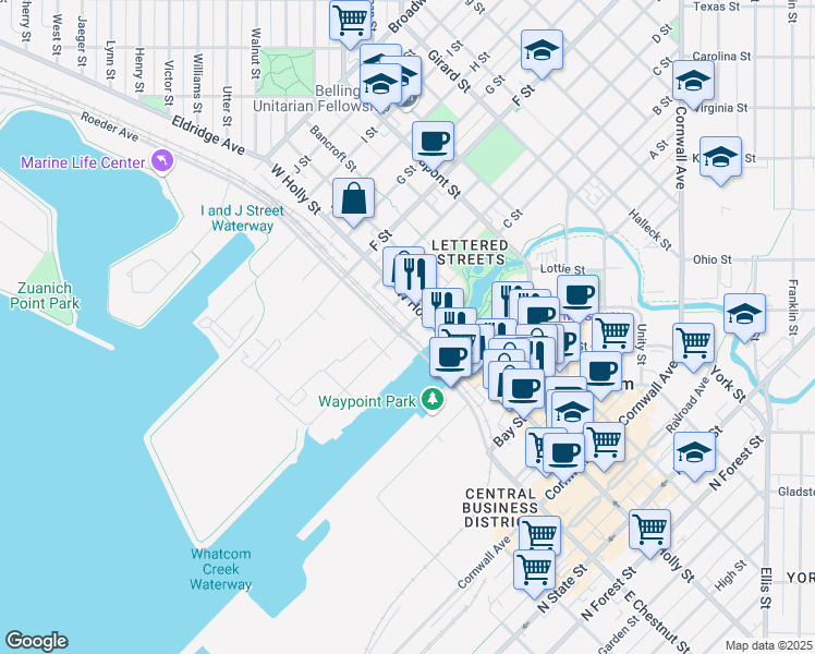 map of restaurants, bars, coffee shops, grocery stores, and more near 601 West Holly Street in Bellingham