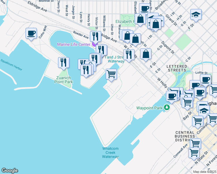 map of restaurants, bars, coffee shops, grocery stores, and more near 1083 Hilton Avenue in Bellingham