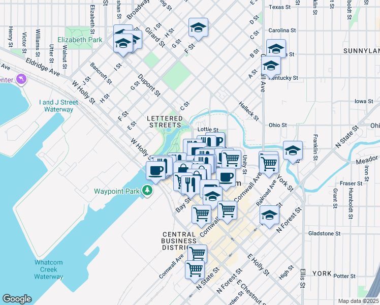 map of restaurants, bars, coffee shops, grocery stores, and more near 398 Flora Street in Bellingham