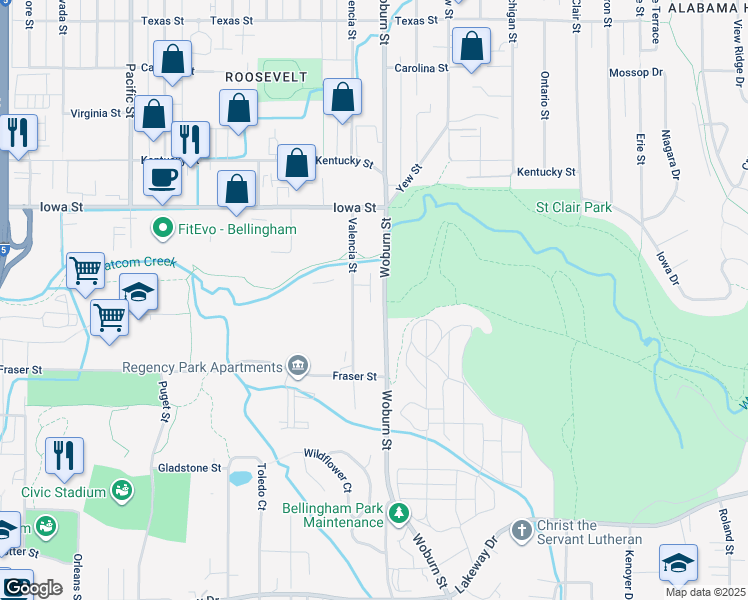 map of restaurants, bars, coffee shops, grocery stores, and more near 1820 Valencia Street in Bellingham