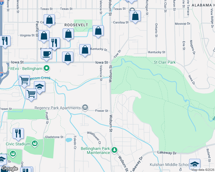 map of restaurants, bars, coffee shops, grocery stores, and more near 1925 Woburn Street in Bellingham