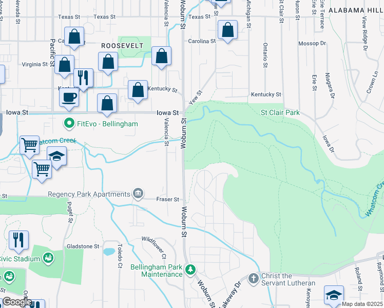 map of restaurants, bars, coffee shops, grocery stores, and more near 1925 Woburn Street in Bellingham