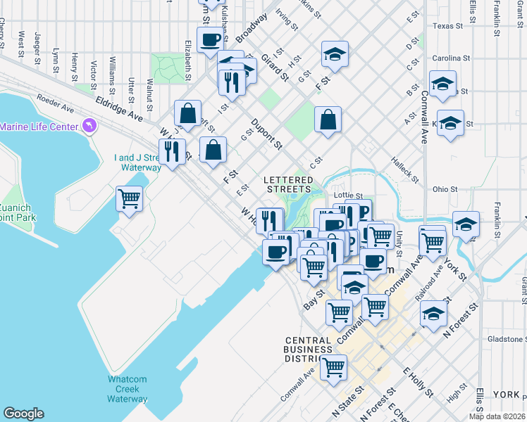 map of restaurants, bars, coffee shops, grocery stores, and more near 711 Astor Street in Bellingham