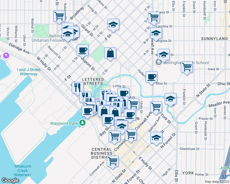 map of restaurants, bars, coffee shops, grocery stores, and more near 311 Grand Avenue in Bellingham