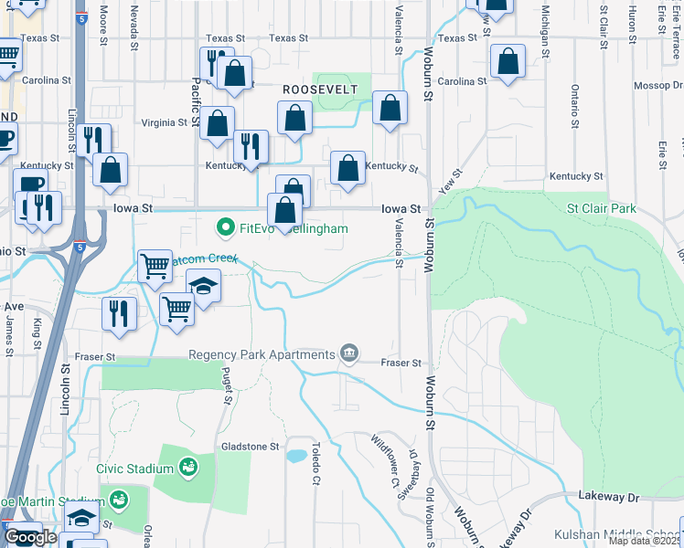 map of restaurants, bars, coffee shops, grocery stores, and more near 1800 Ohio Street in Bellingham