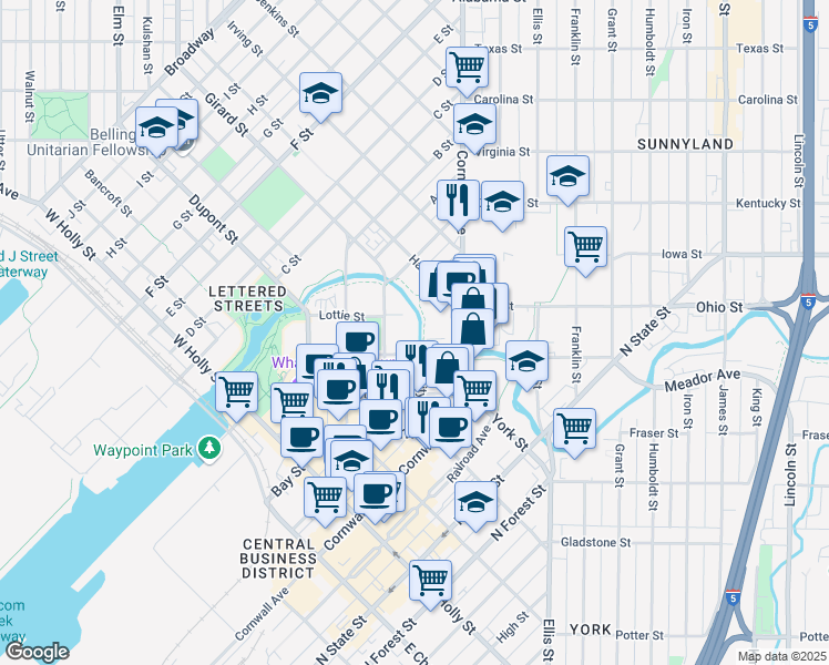 map of restaurants, bars, coffee shops, grocery stores, and more near 322 North Commercial Street in Bellingham