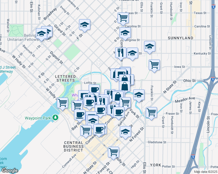 map of restaurants, bars, coffee shops, grocery stores, and more near 1815 Cornwall Avenue in Bellingham