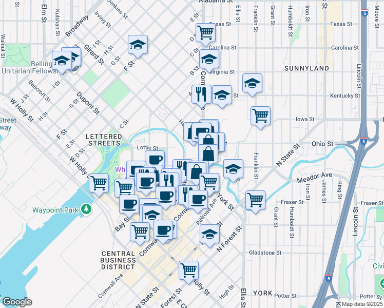 map of restaurants, bars, coffee shops, grocery stores, and more near 1815 Cornwall Avenue in Bellingham