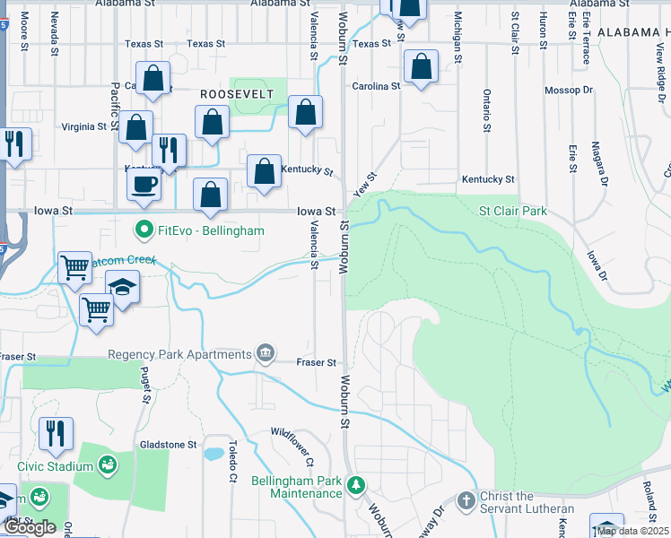 map of restaurants, bars, coffee shops, grocery stores, and more near 1925 Woburn Street in Bellingham