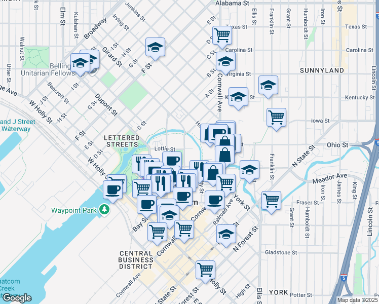 map of restaurants, bars, coffee shops, grocery stores, and more near 322 North Commercial Street in Bellingham