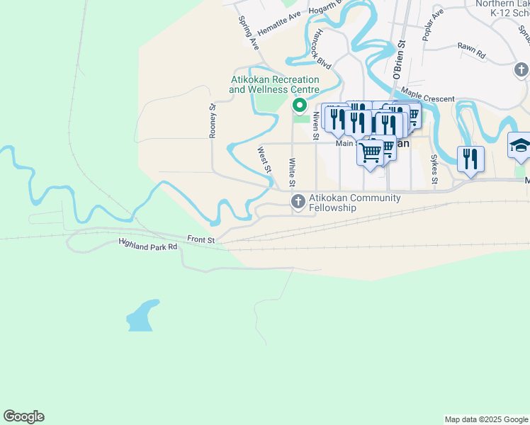 map of restaurants, bars, coffee shops, grocery stores, and more near 520 Front Street in Atikokan