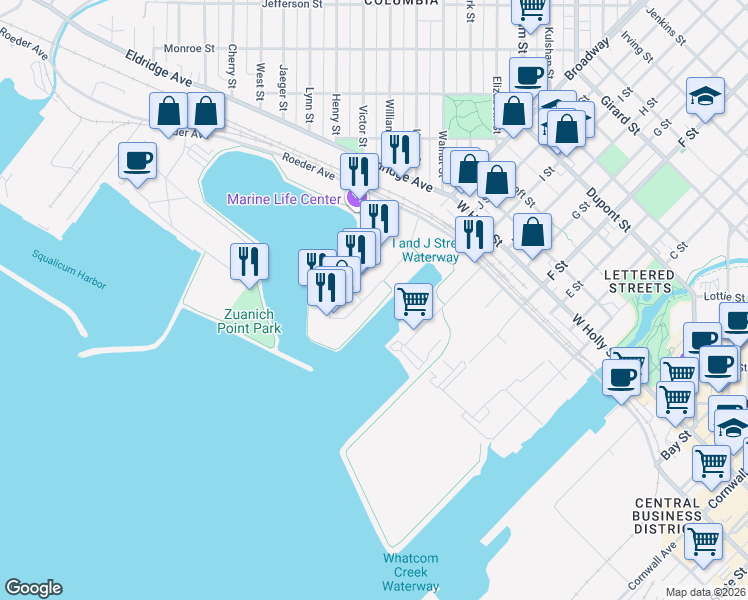 map of restaurants, bars, coffee shops, grocery stores, and more near 20 Bellwether Way in Bellingham