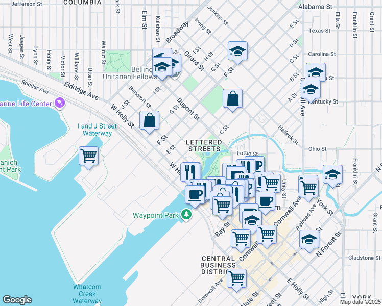 map of restaurants, bars, coffee shops, grocery stores, and more near 1419 C Street in Bellingham