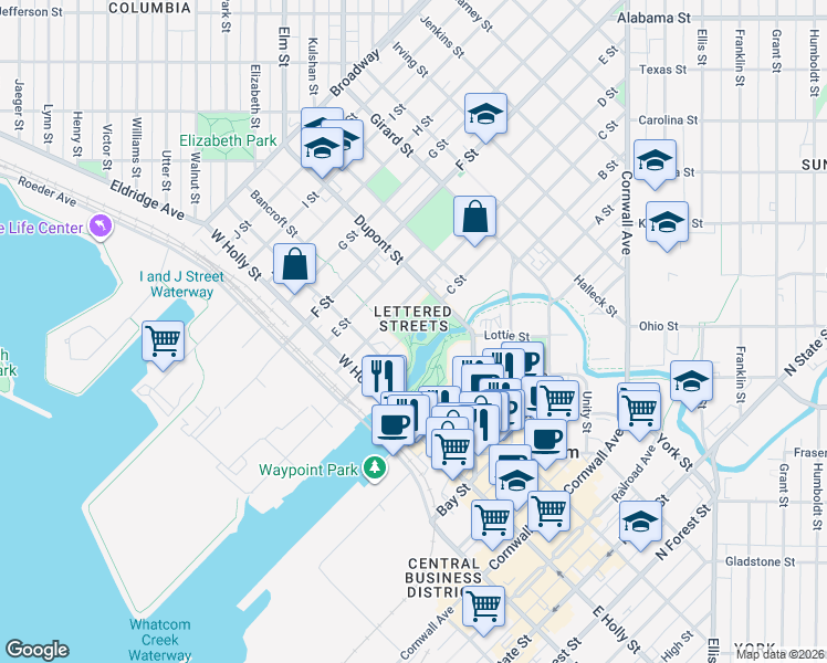map of restaurants, bars, coffee shops, grocery stores, and more near 1419 C Street in Bellingham
