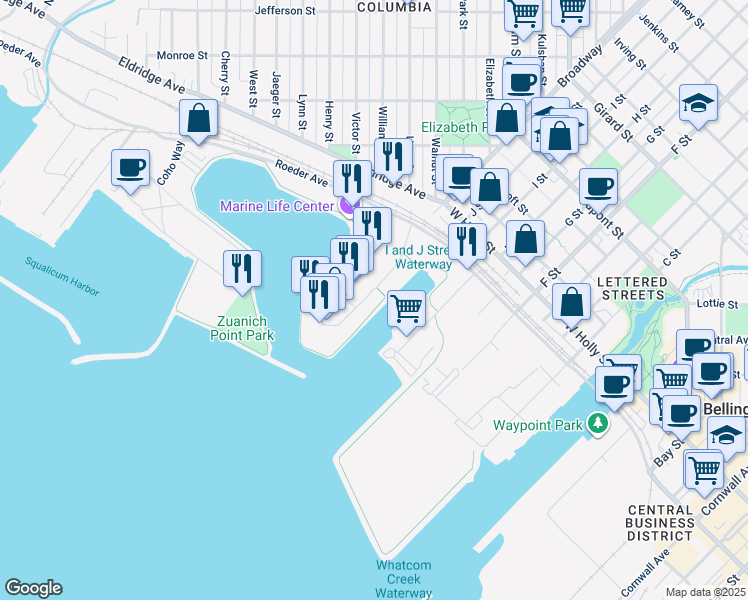 map of restaurants, bars, coffee shops, grocery stores, and more near 20 Bellwether Way in Bellingham
