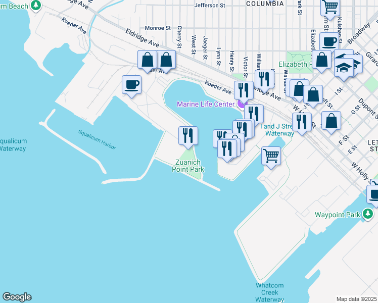map of restaurants, bars, coffee shops, grocery stores, and more near 2600 South Harbor Loop Drive in Bellingham