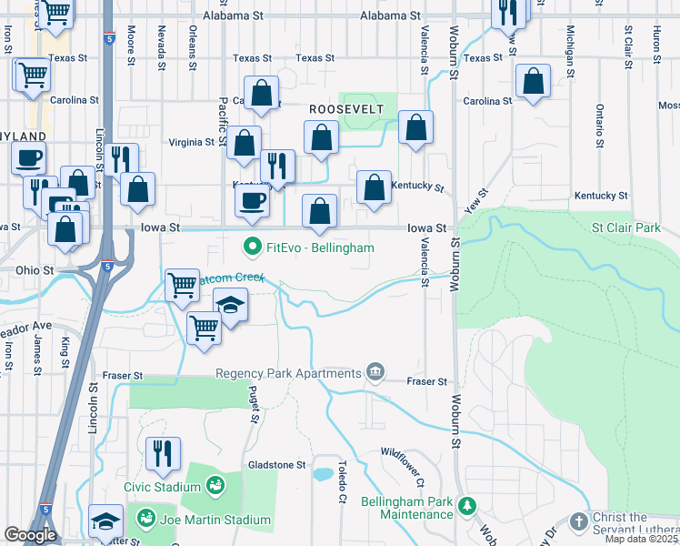 map of restaurants, bars, coffee shops, grocery stores, and more near 1800 Ohio Street in Bellingham
