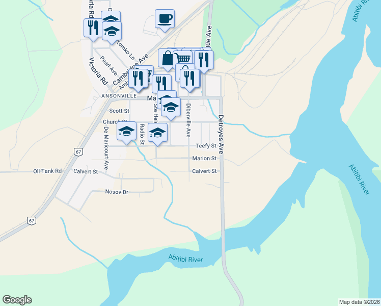 map of restaurants, bars, coffee shops, grocery stores, and more near 368 Diberville Avenue in Iroquois Falls