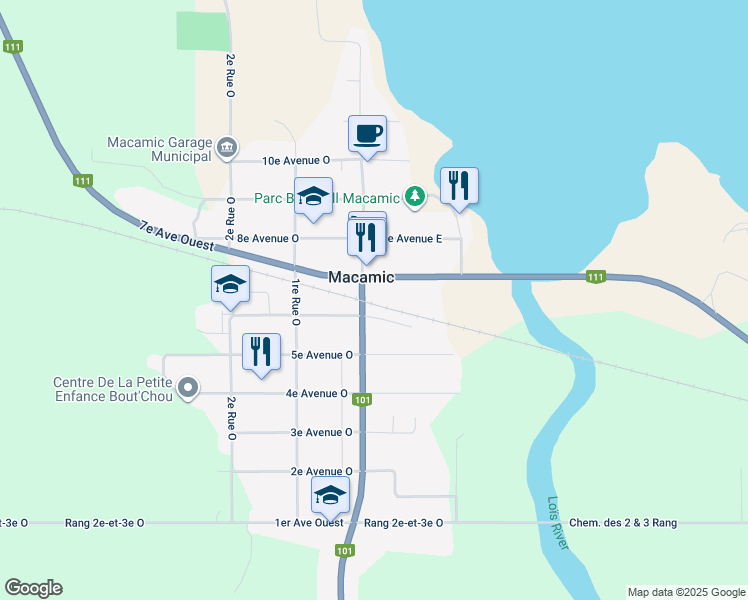 map of restaurants, bars, coffee shops, grocery stores, and more near 70 Rue Principale in Macamic