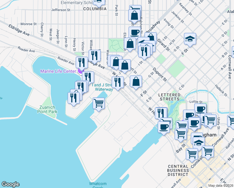 map of restaurants, bars, coffee shops, grocery stores, and more near in Bellingham
