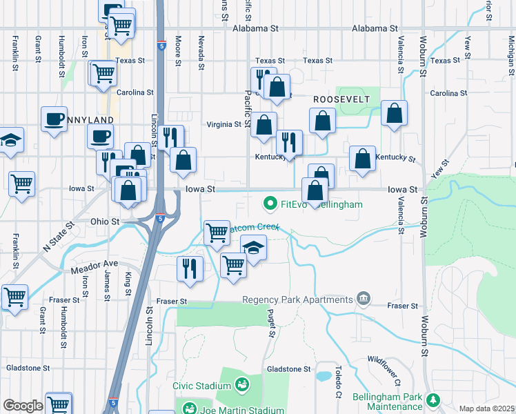 map of restaurants, bars, coffee shops, grocery stores, and more near 1420 Iowa St in Bellingham